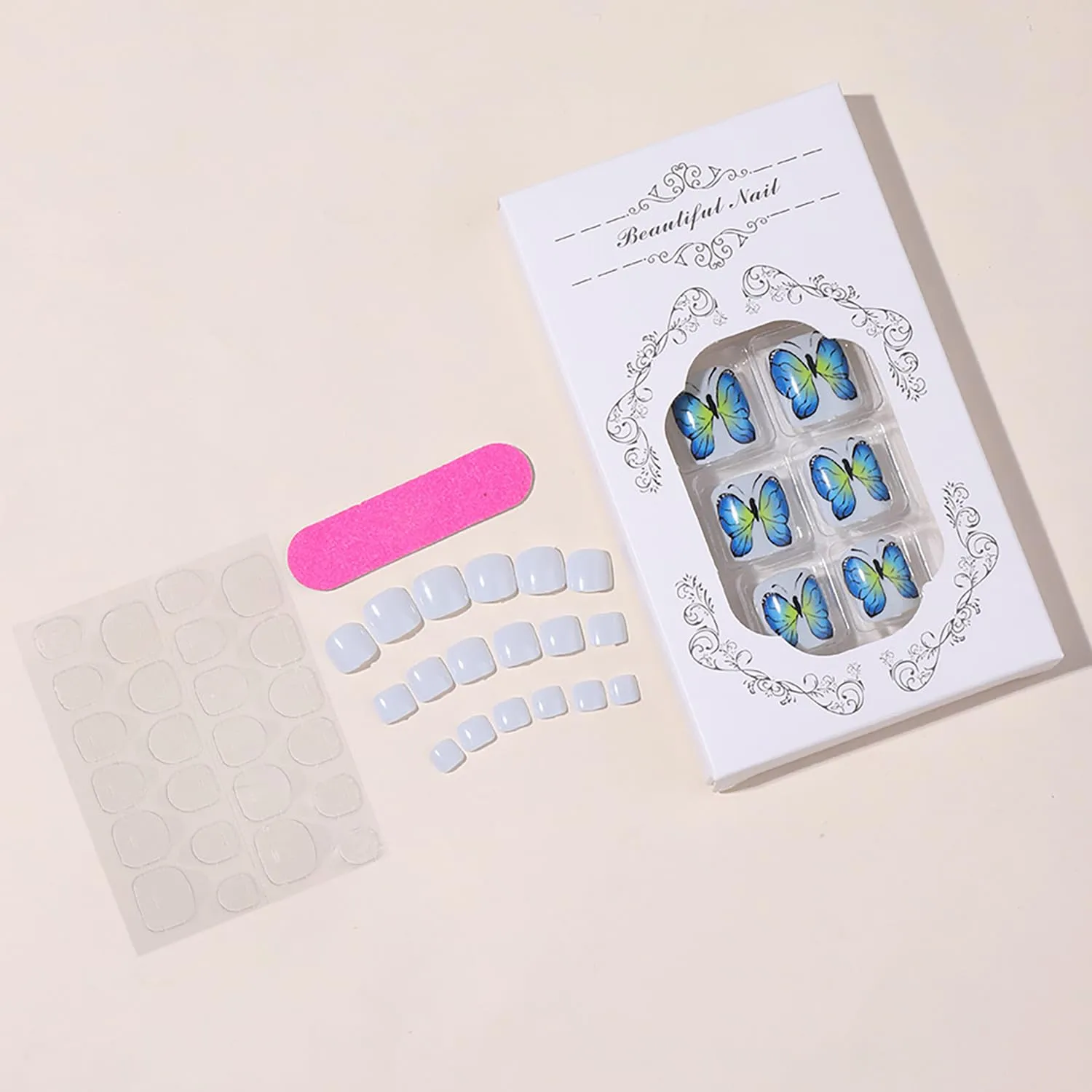 24 Pcs Press on Toenails Short Square Fake Toe Nails with Butterfly Design Summer False Toenails Artificial Acrylic Toe Nails for Women Glossy Toe Nail Tips Full Cover Glue on Toenails for Women