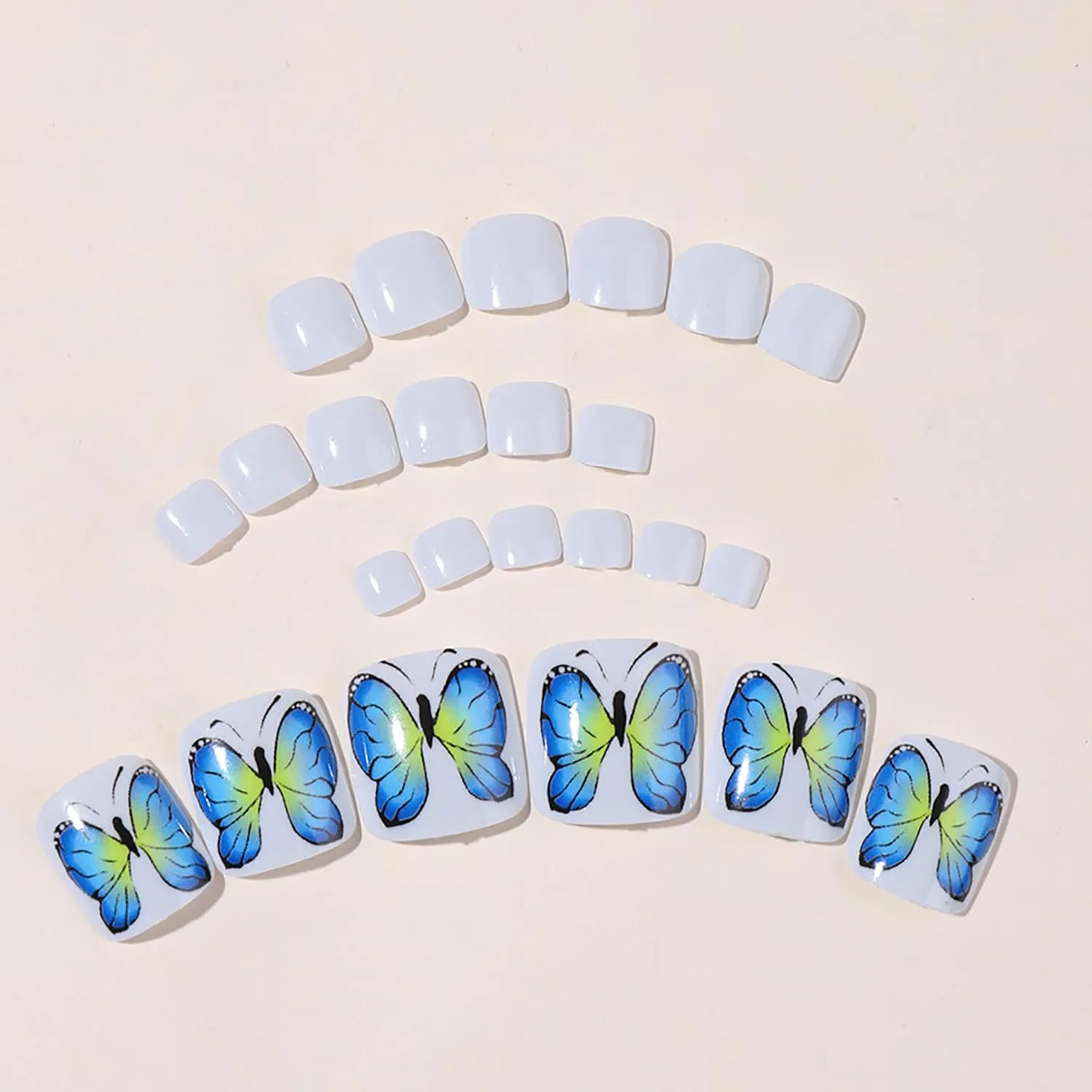 24 Pcs Press on Toenails Short Square Fake Toe Nails with Butterfly Design Summer False Toenails Artificial Acrylic Toe Nails for Women Glossy Toe Nail Tips Full Cover Glue on Toenails for Women