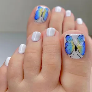 24 Pcs Press on Toenails Short Square Fake Toe Nails with Butterfly Design Summer False Toenails Artificial Acrylic Toe Nails for Women Glossy Toe Nail Tips Full Cover Glue on Toenails for Women