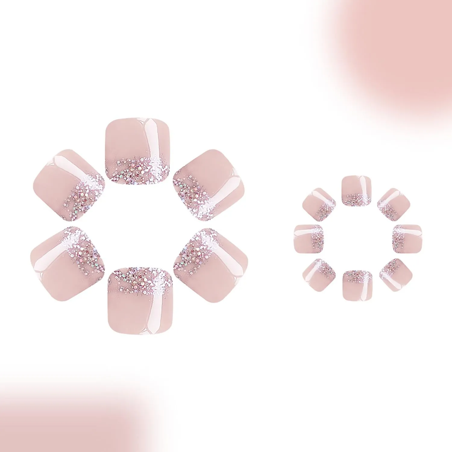 24 Pcs Square Press on Toenails Nude Glitter Fake Toe Nails Sparkle False Toenails Artificial Acrylic Toenails with Design Sequins Toe Press on Nails Glossy Full Cover Glue on Toe Nails for Women