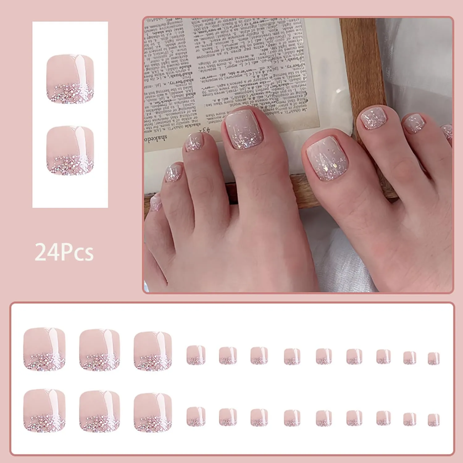 24 Pcs Square Press on Toenails Nude Glitter Fake Toe Nails Sparkle False Toenails Artificial Acrylic Toenails with Design Sequins Toe Press on Nails Glossy Full Cover Glue on Toe Nails for Women