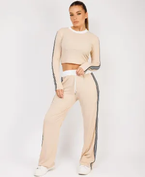 Beige Striped Ribbed Crop Top & Trouser Loungewear Set