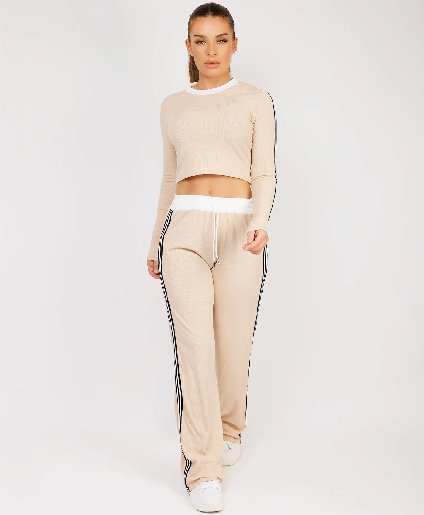 Beige Striped Ribbed Crop Top & Trouser Loungewear Set