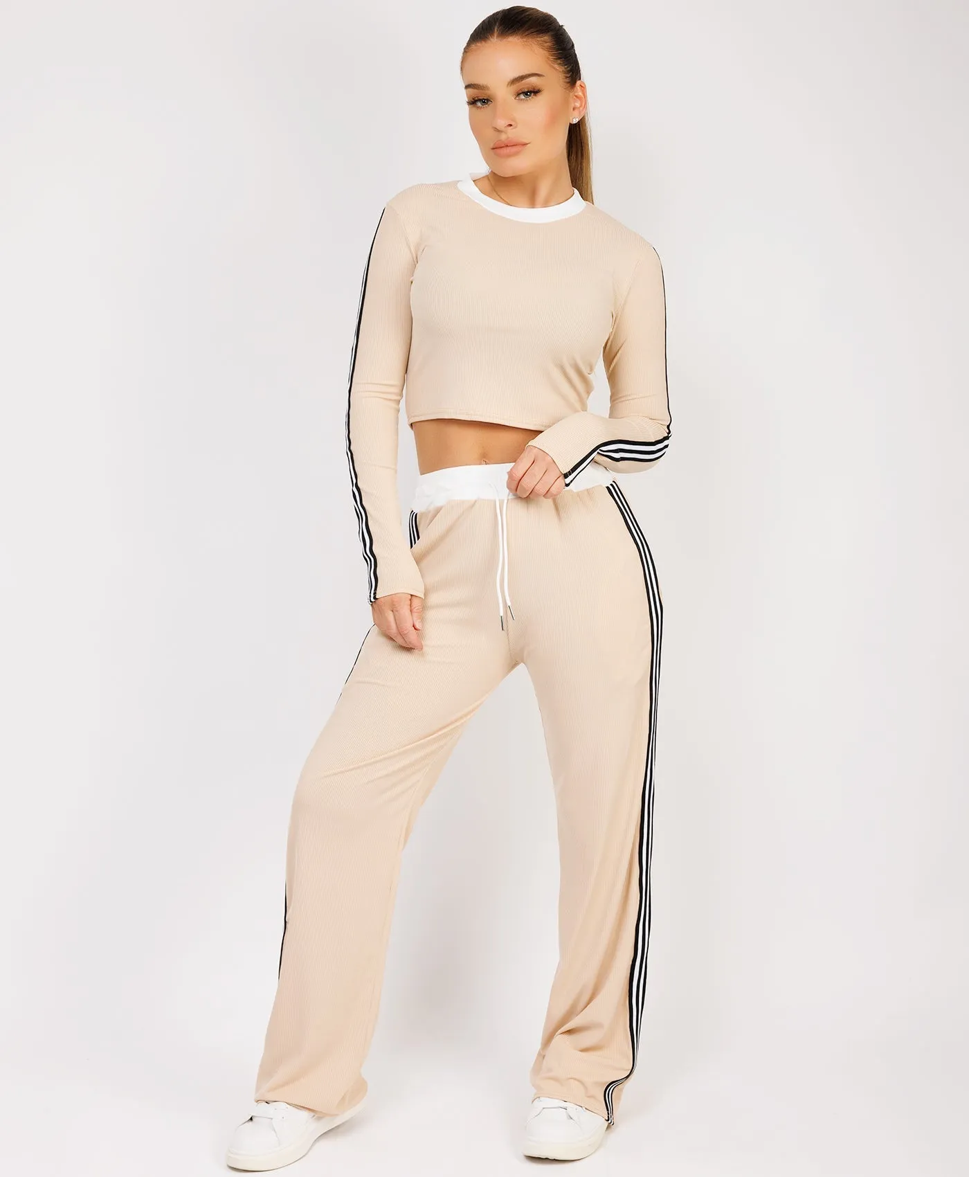 Beige Striped Ribbed Crop Top & Trouser Loungewear Set