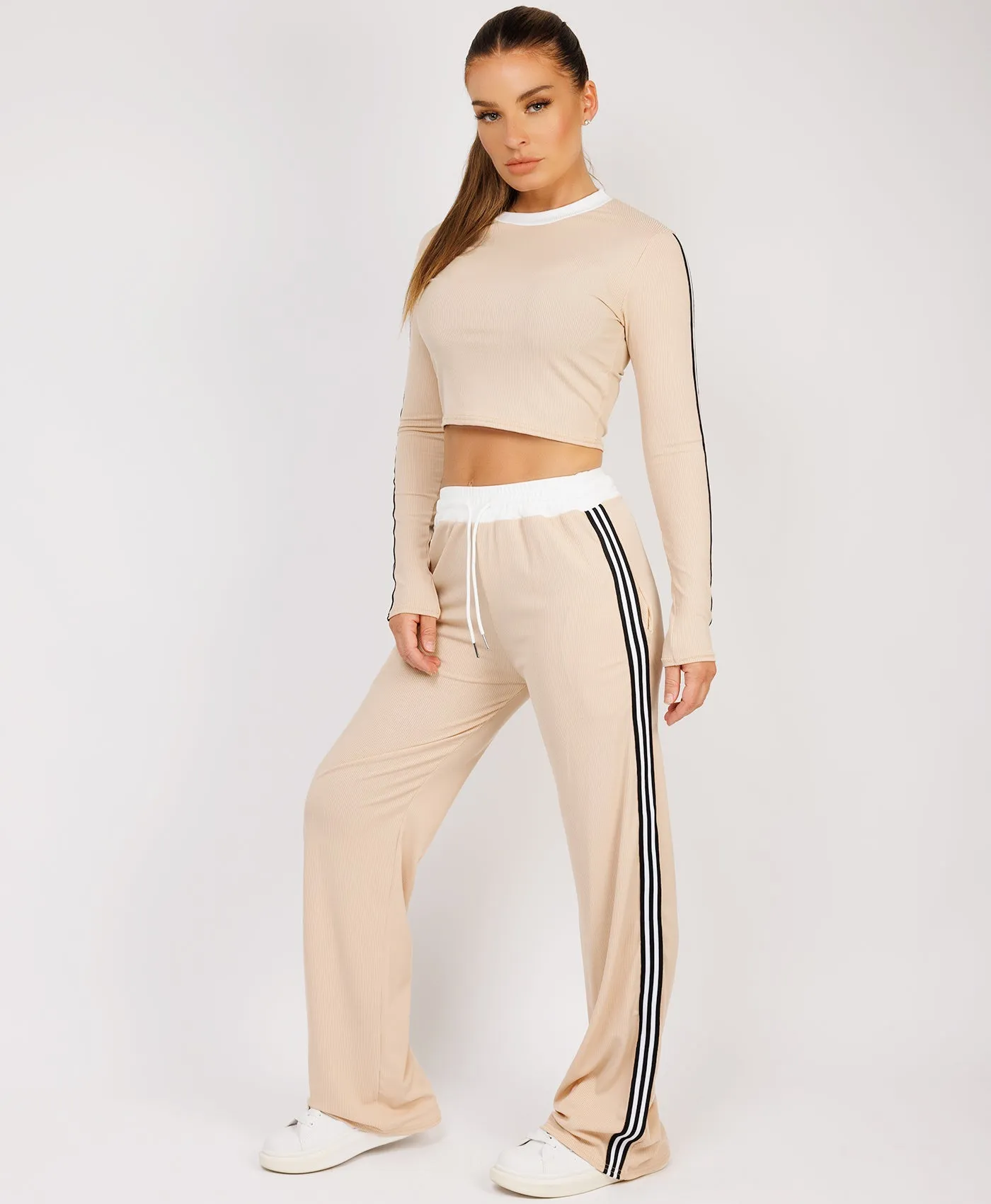 Beige Striped Ribbed Crop Top & Trouser Loungewear Set