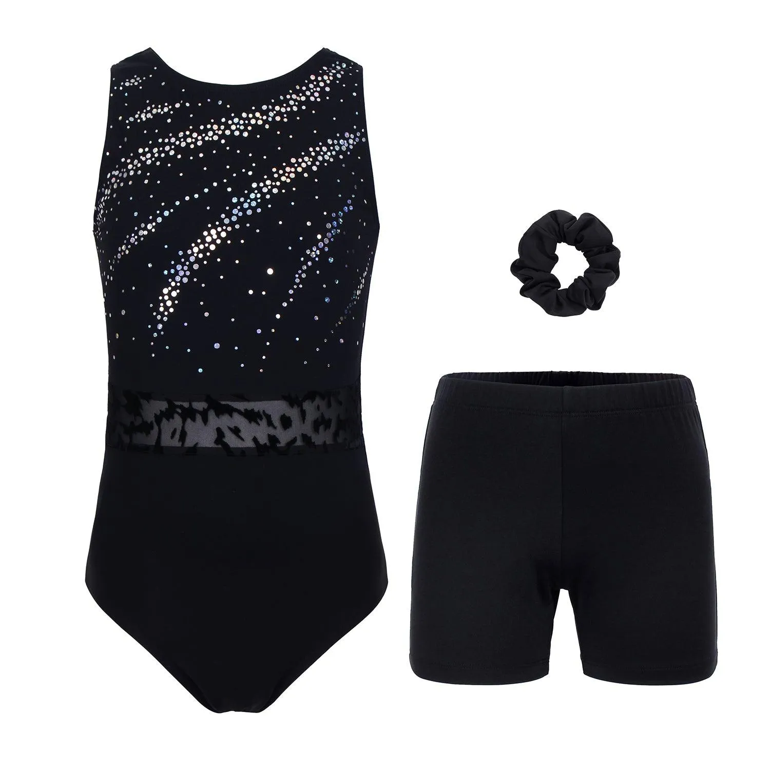 Black Lace Sparkly Sequin Gymnastics Leotards for Girls, Adult, Child With Shorts
