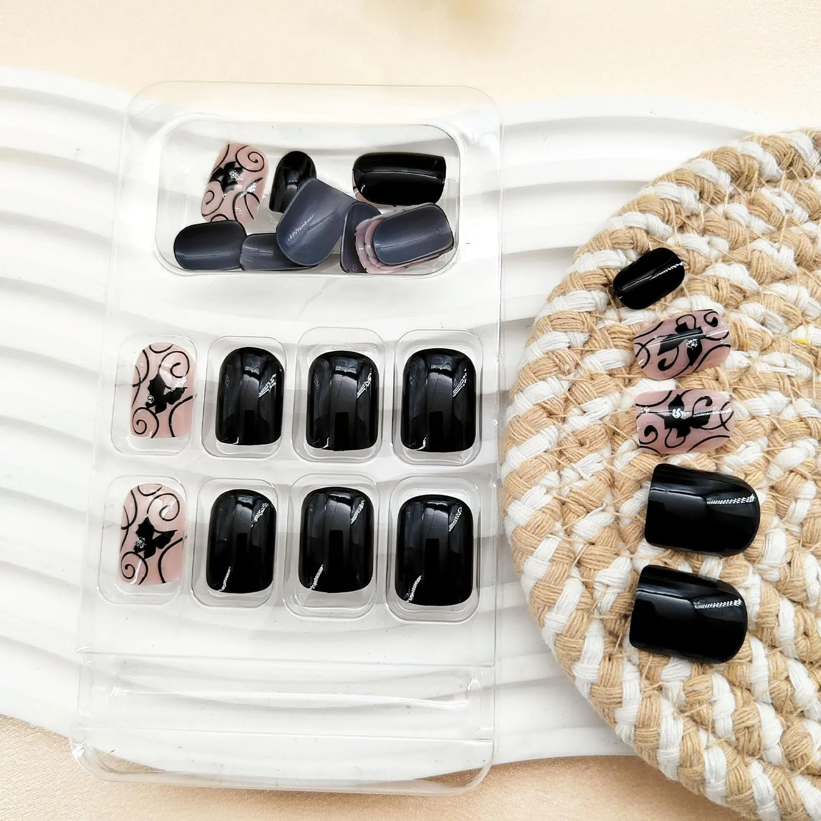 Black Short Press On Nails Square Fake Nails with Black Vines and Dark Butterfly Designs Black Full Cover Silver Glitter & Lines Acrylic Nails Stick Glue On Nails for Women Girls 24 Pcs