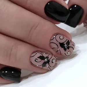 Black Short Press On Nails Square Fake Nails with Black Vines and Dark Butterfly Designs Black Full Cover Silver Glitter & Lines Acrylic Nails Stick Glue On Nails for Women Girls 24 Pcs