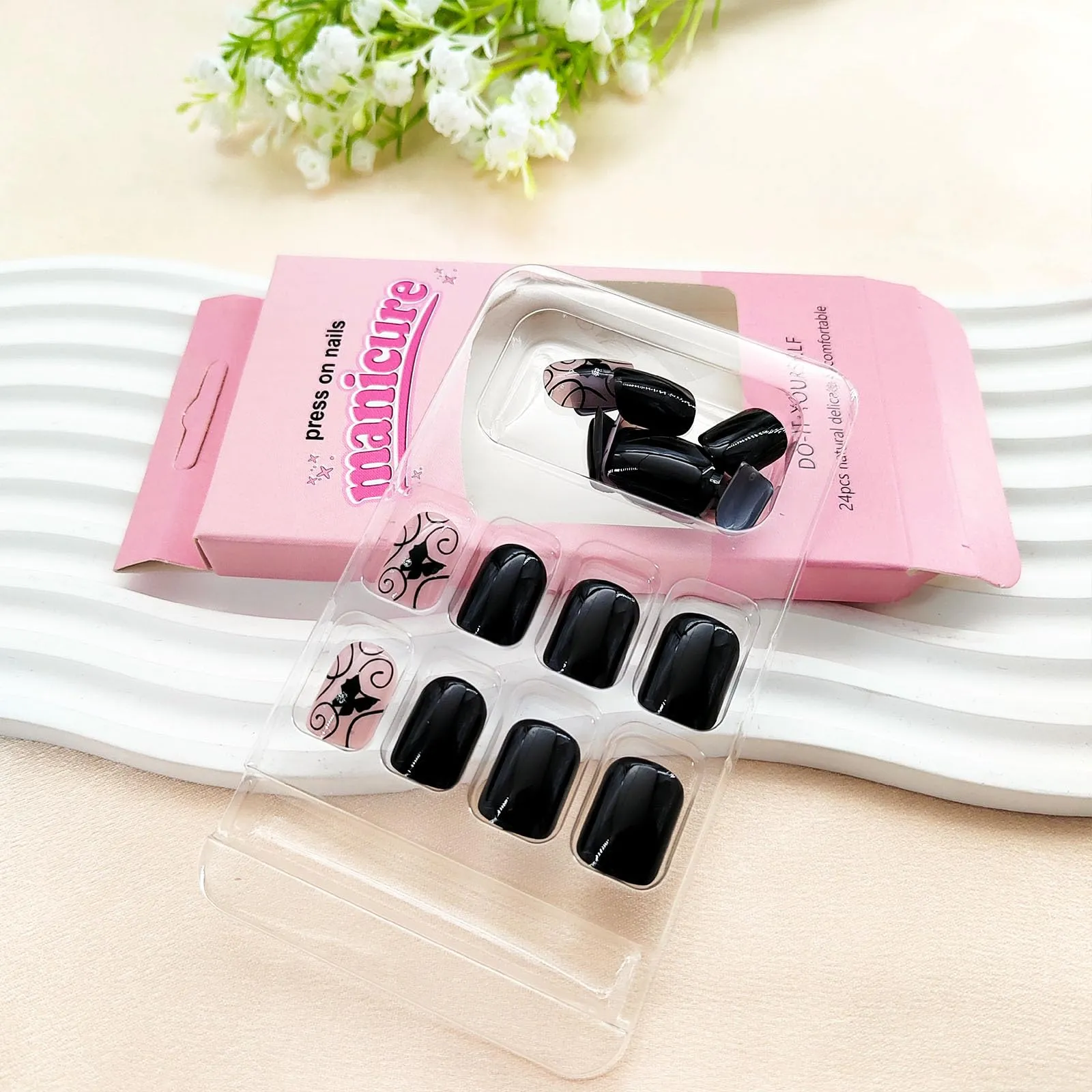 Black Short Press On Nails Square Fake Nails with Black Vines and Dark Butterfly Designs Black Full Cover Silver Glitter & Lines Acrylic Nails Stick Glue On Nails for Women Girls 24 Pcs