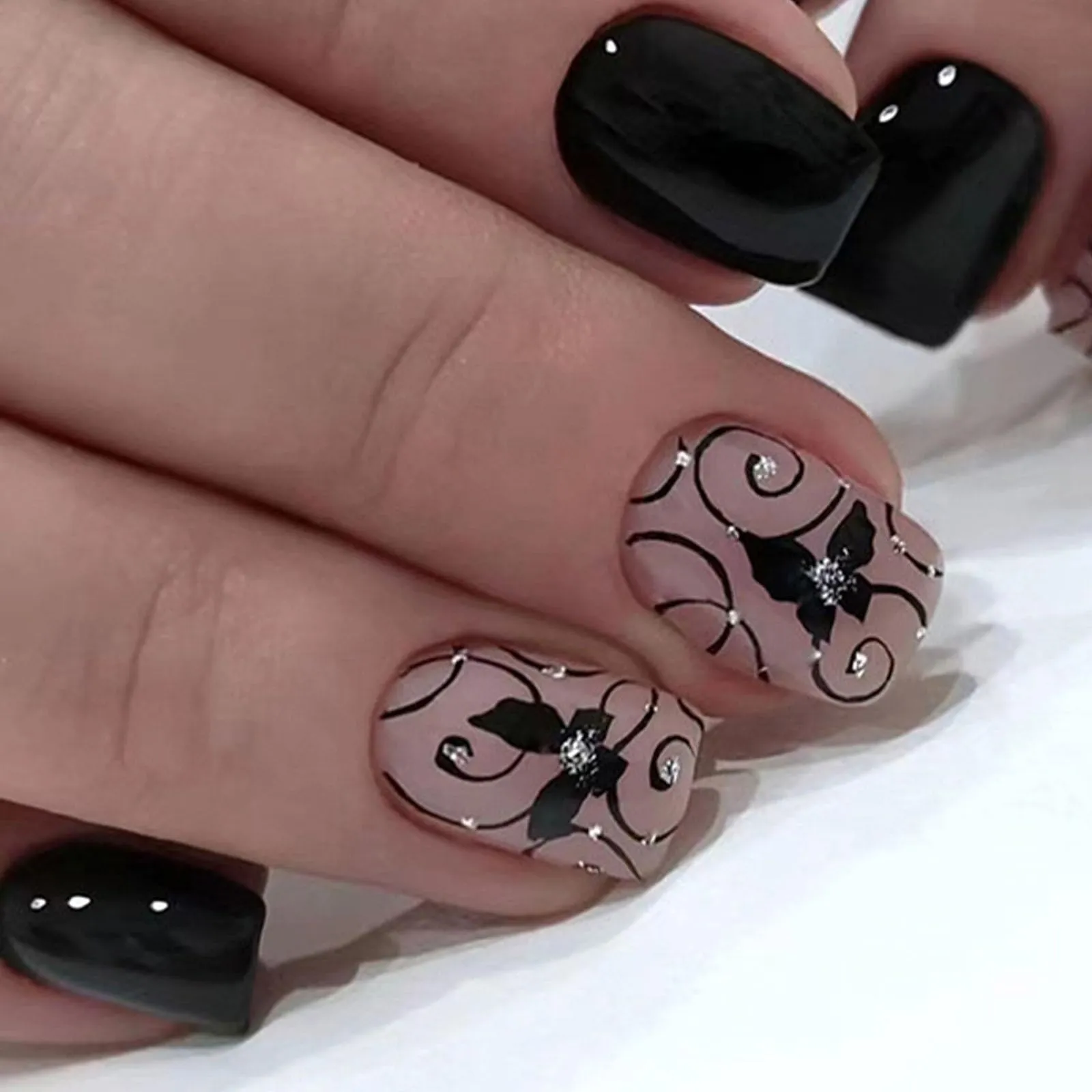 Black Short Press On Nails Square Fake Nails with Black Vines and Dark Butterfly Designs Black Full Cover Silver Glitter & Lines Acrylic Nails Stick Glue On Nails for Women Girls 24 Pcs