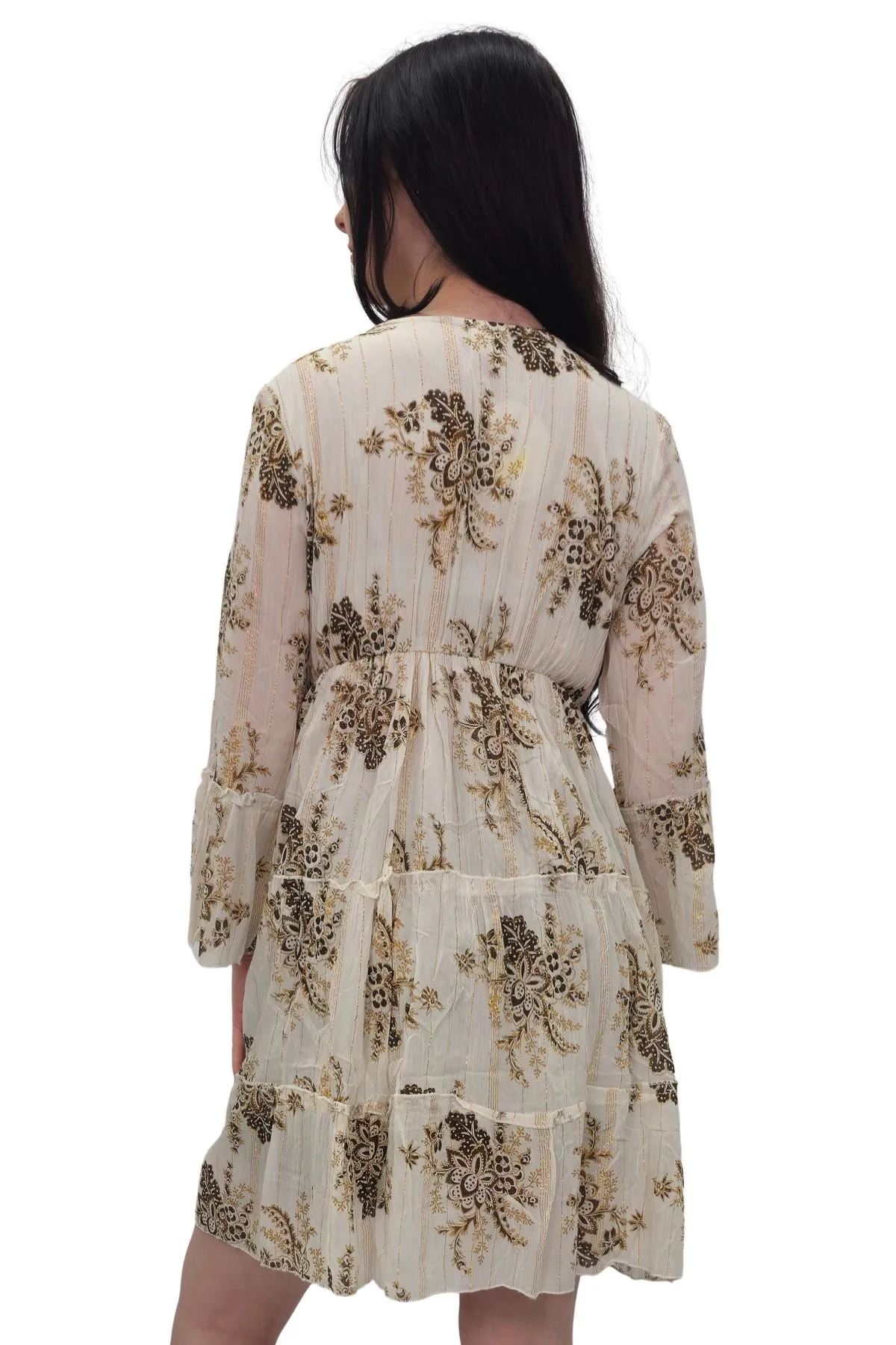 Cluster Flower Print Tiered Metallic Stripe Dress