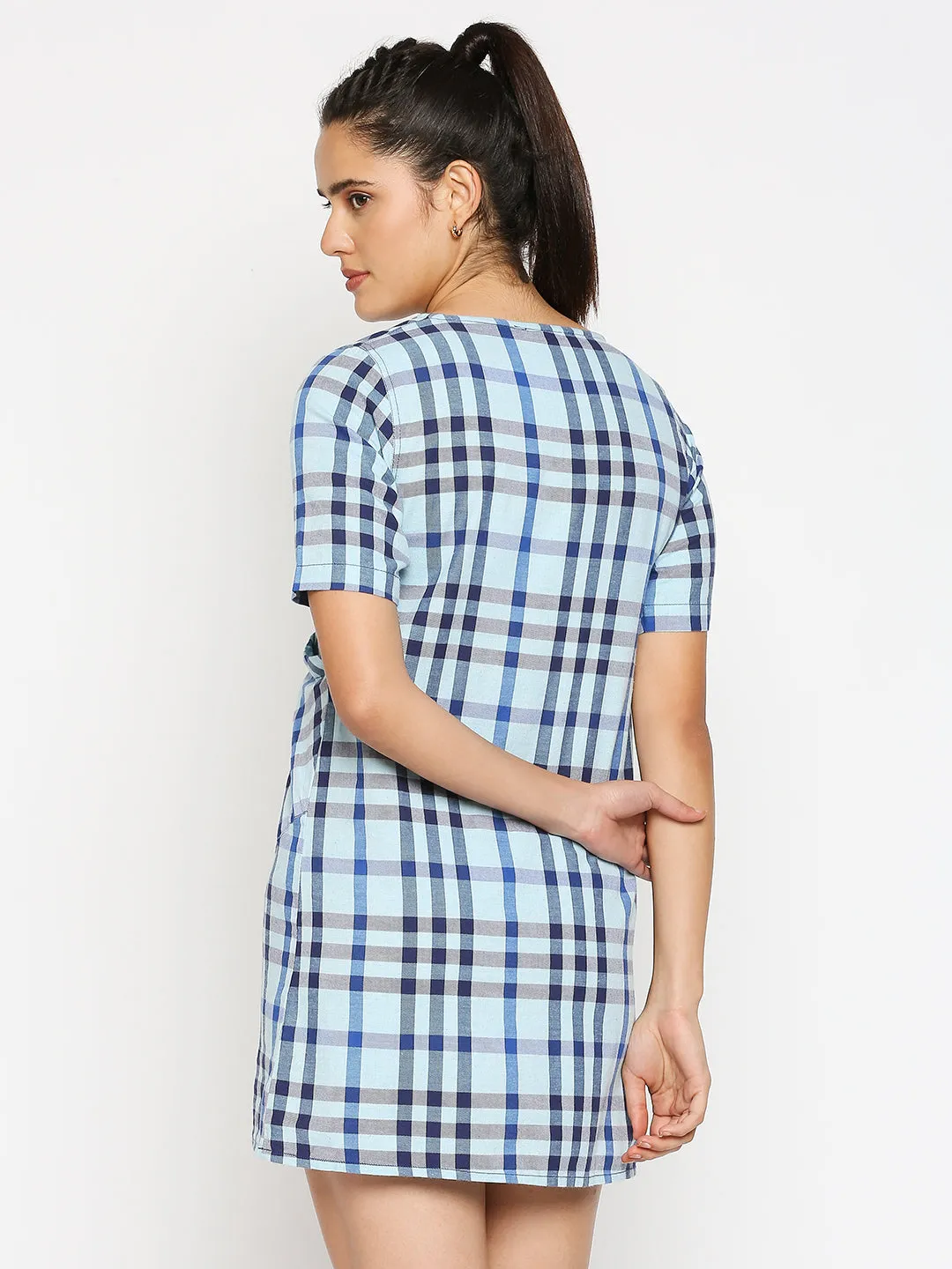 Disrupt Women Typographic Printed Blue Checks Dress