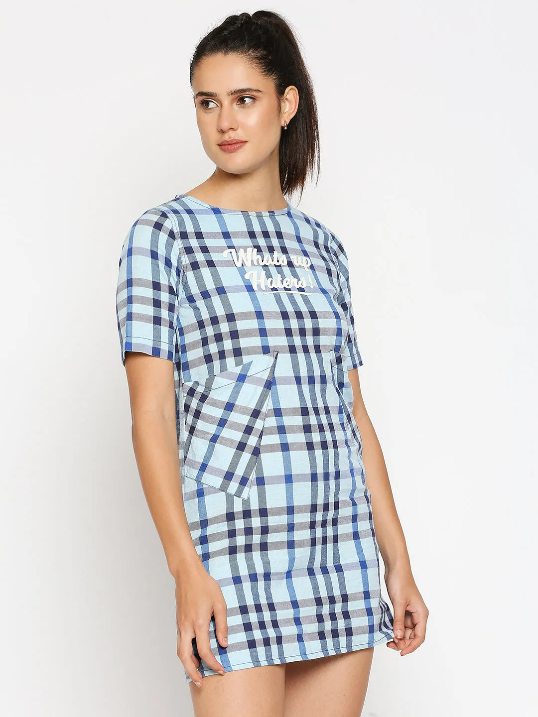 Disrupt Women Typographic Printed Blue Checks Dress