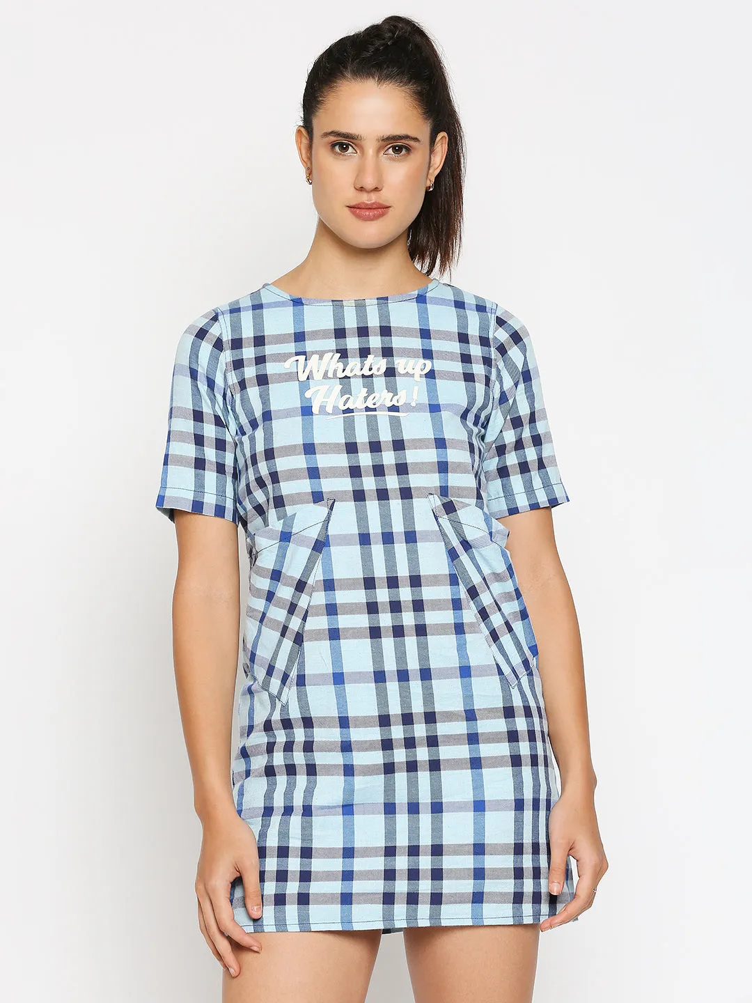 Disrupt Women Typographic Printed Blue Checks Dress