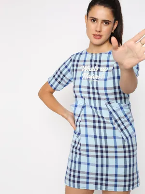 Disrupt Women Typographic Printed Blue Checks Dress