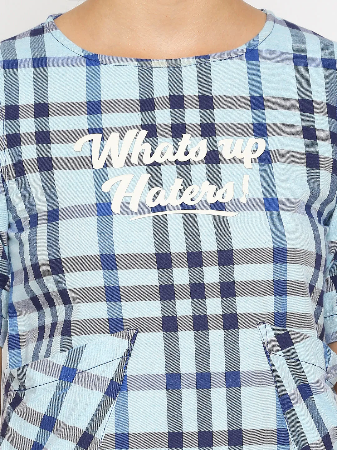Disrupt Women Typographic Printed Blue Checks Dress