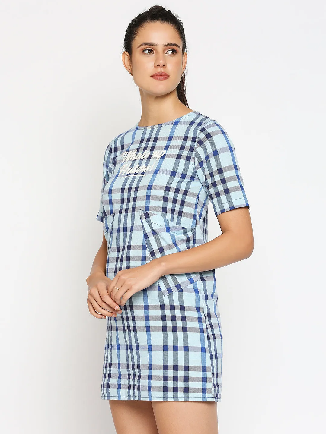 Disrupt Women Typographic Printed Blue Checks Dress