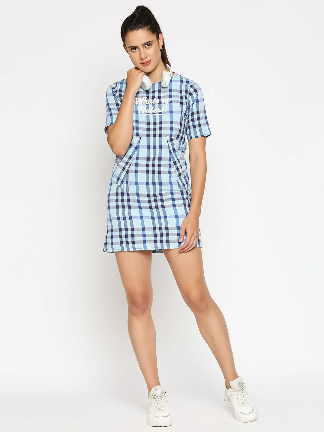 Disrupt Women Typographic Printed Blue Checks Dress