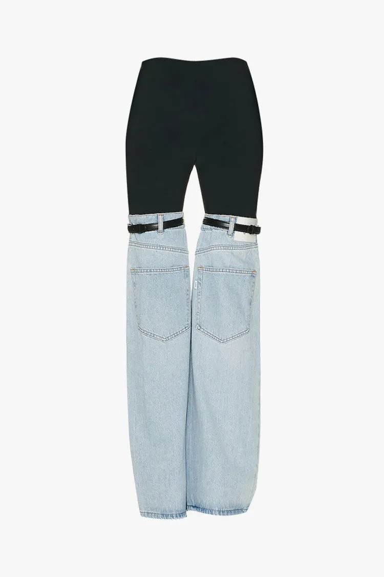 Eclectic Style High Waist Pocket Trim Belted Fit & Flare Spliced Denim Jeans