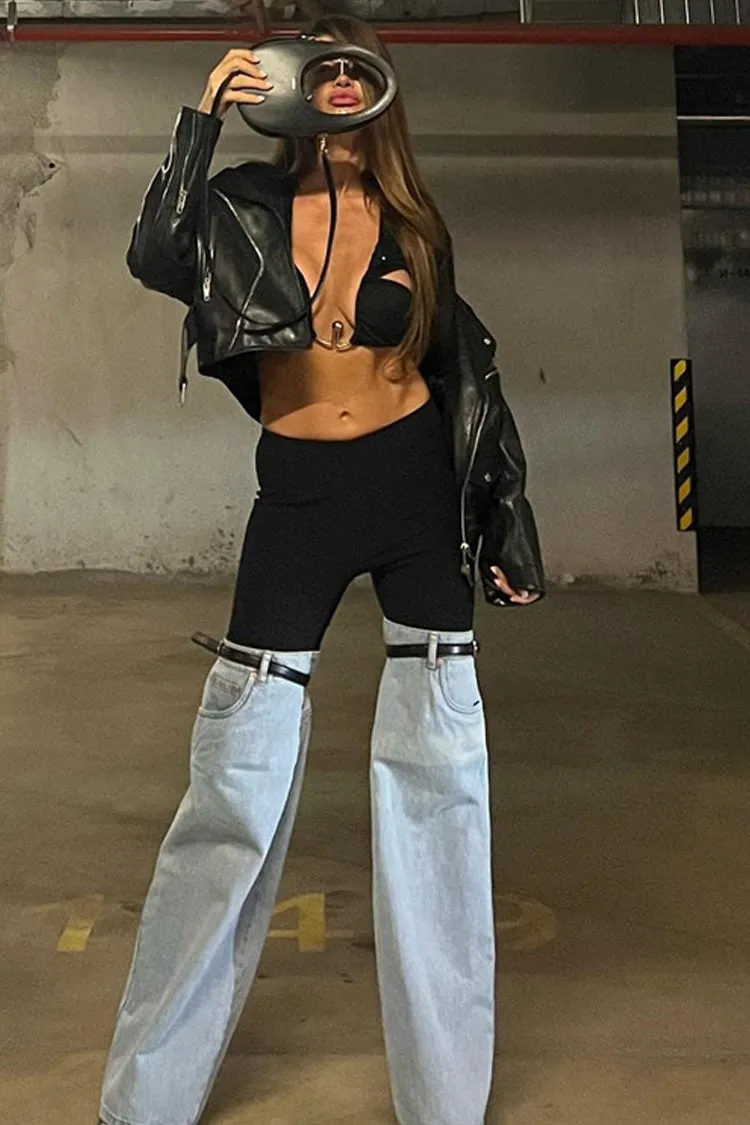 Eclectic Style High Waist Pocket Trim Belted Fit & Flare Spliced Denim Jeans