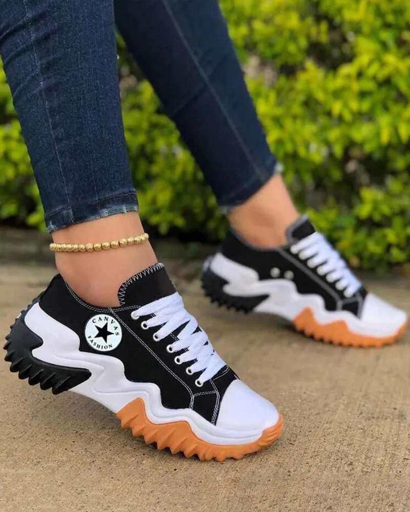 Eyelet Lace up Contrast Paneled Muffin Sneakers