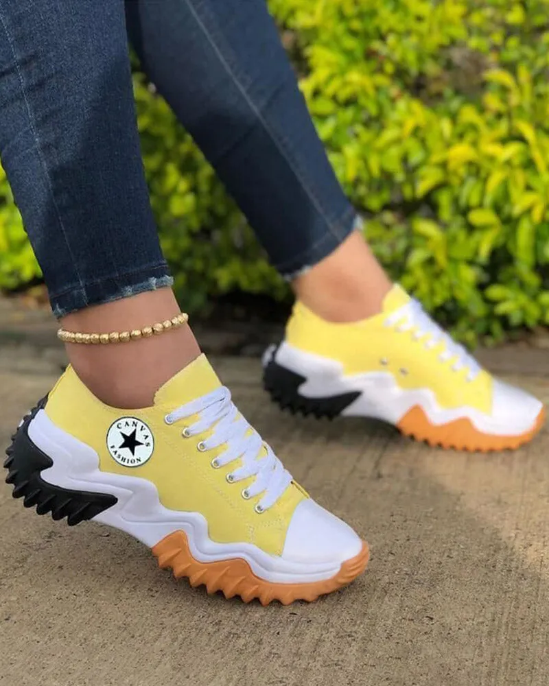 Eyelet Lace up Contrast Paneled Muffin Sneakers