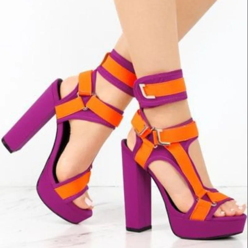 Fashion Colorblock Buckles Platform Chunky Heel Sandals
