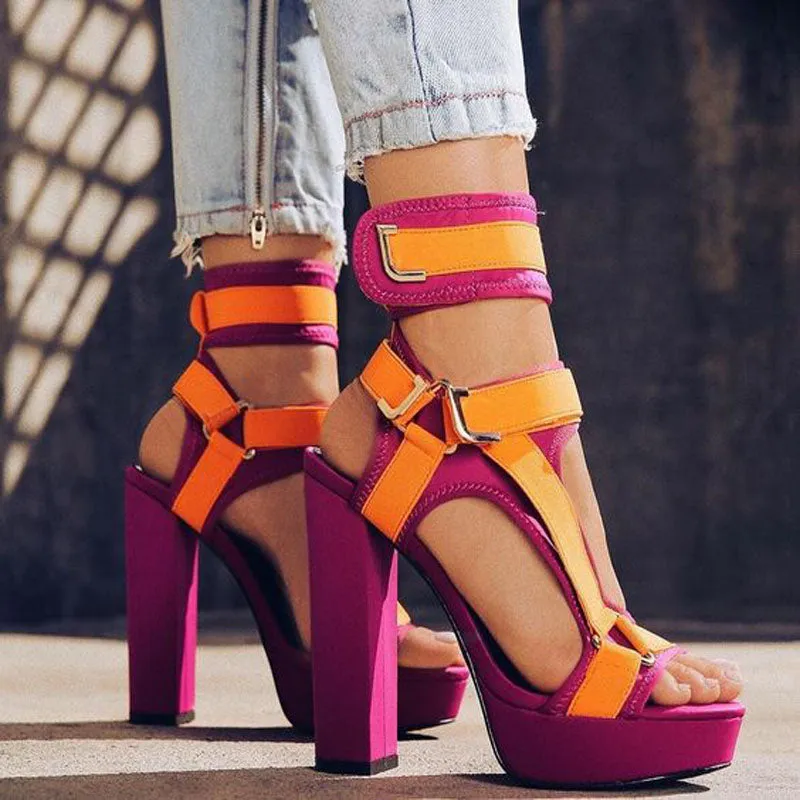 Fashion Colorblock Buckles Platform Chunky Heel Sandals