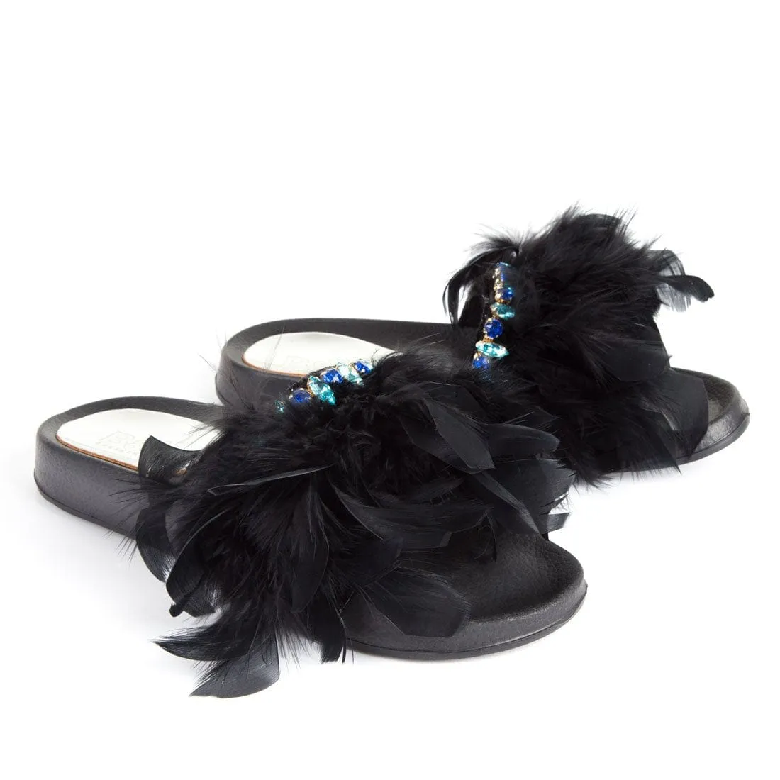 Feathers Crystals Flat Slide Sandals Black