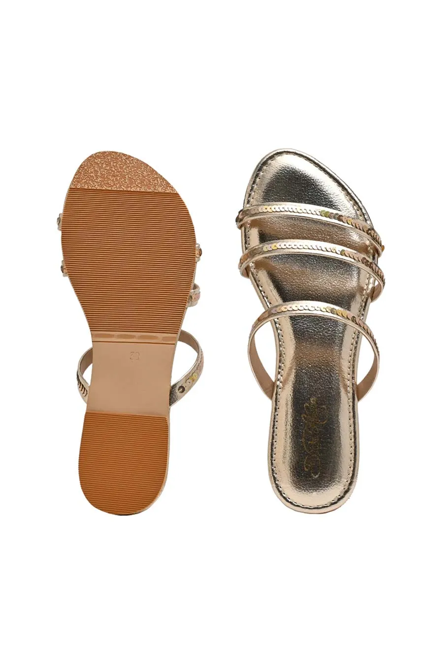 Gold Crystal Embellished Strappy Flats