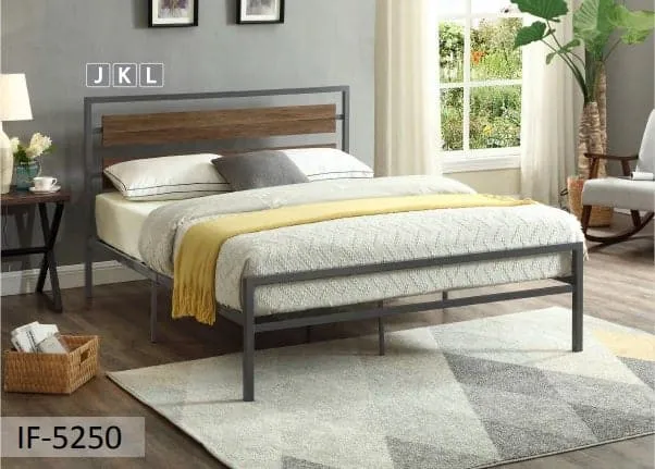 Grey Steel Frame Wood Panel Bed
