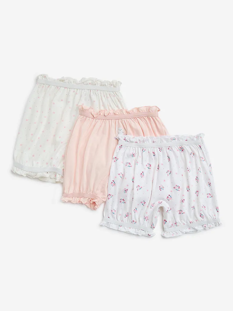HOP Kids Ivory Floral Design Cotton Bloomers - Pack of 3