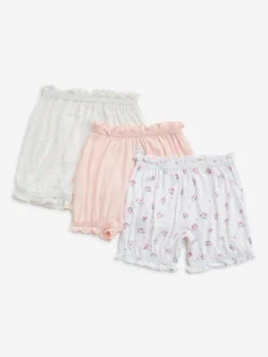HOP Kids Ivory Floral Design Cotton Bloomers - Pack of 3