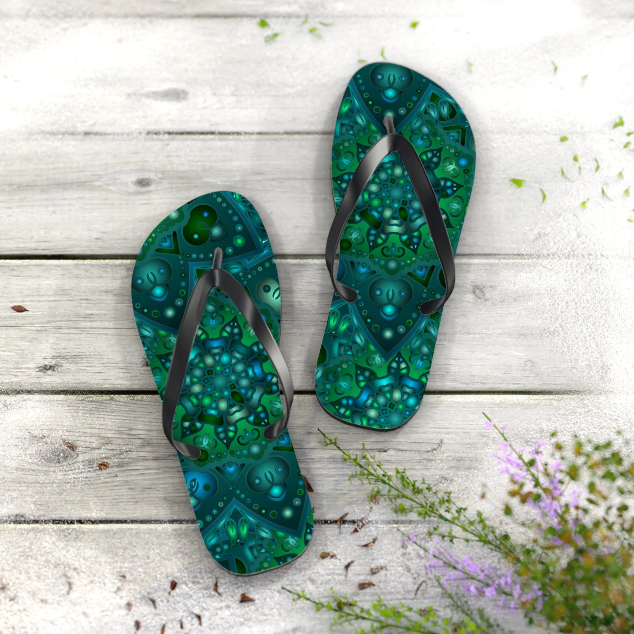 Hypnotic Blue & Green Mandala Flip Flops