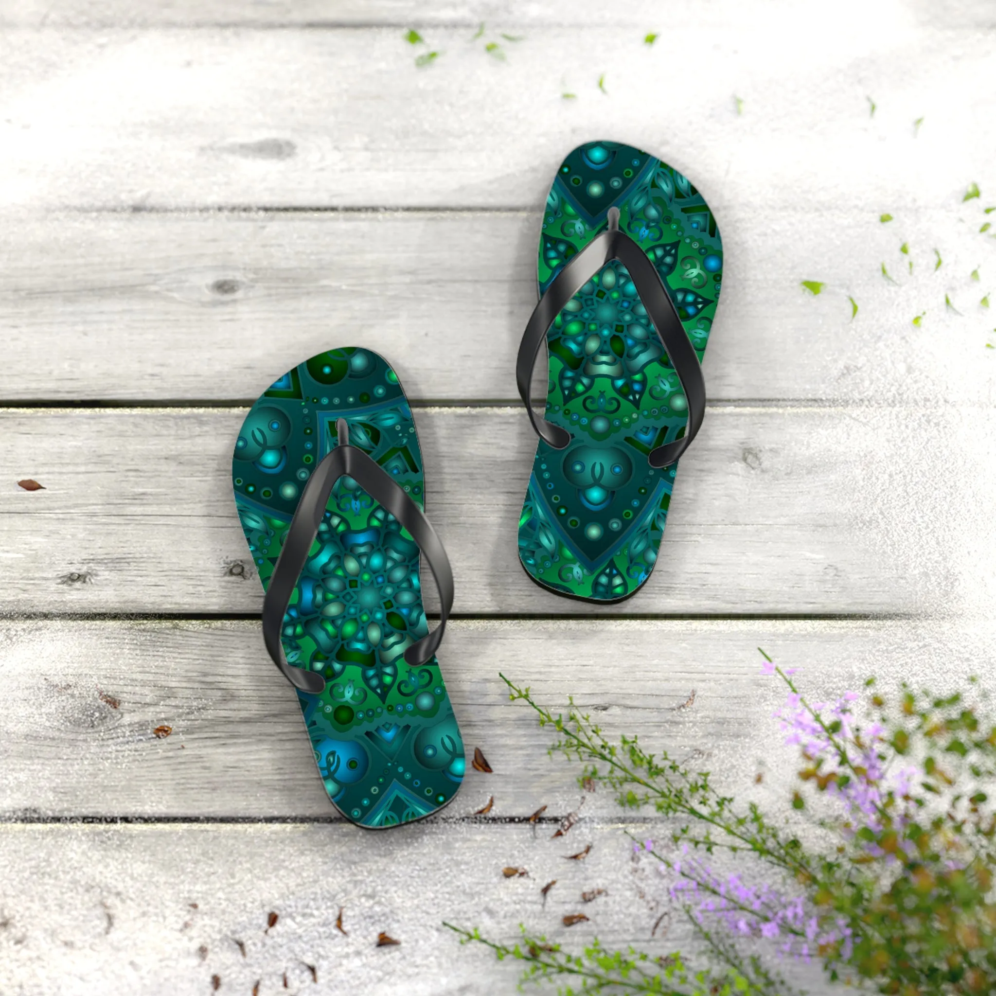 Hypnotic Blue & Green Mandala Flip Flops