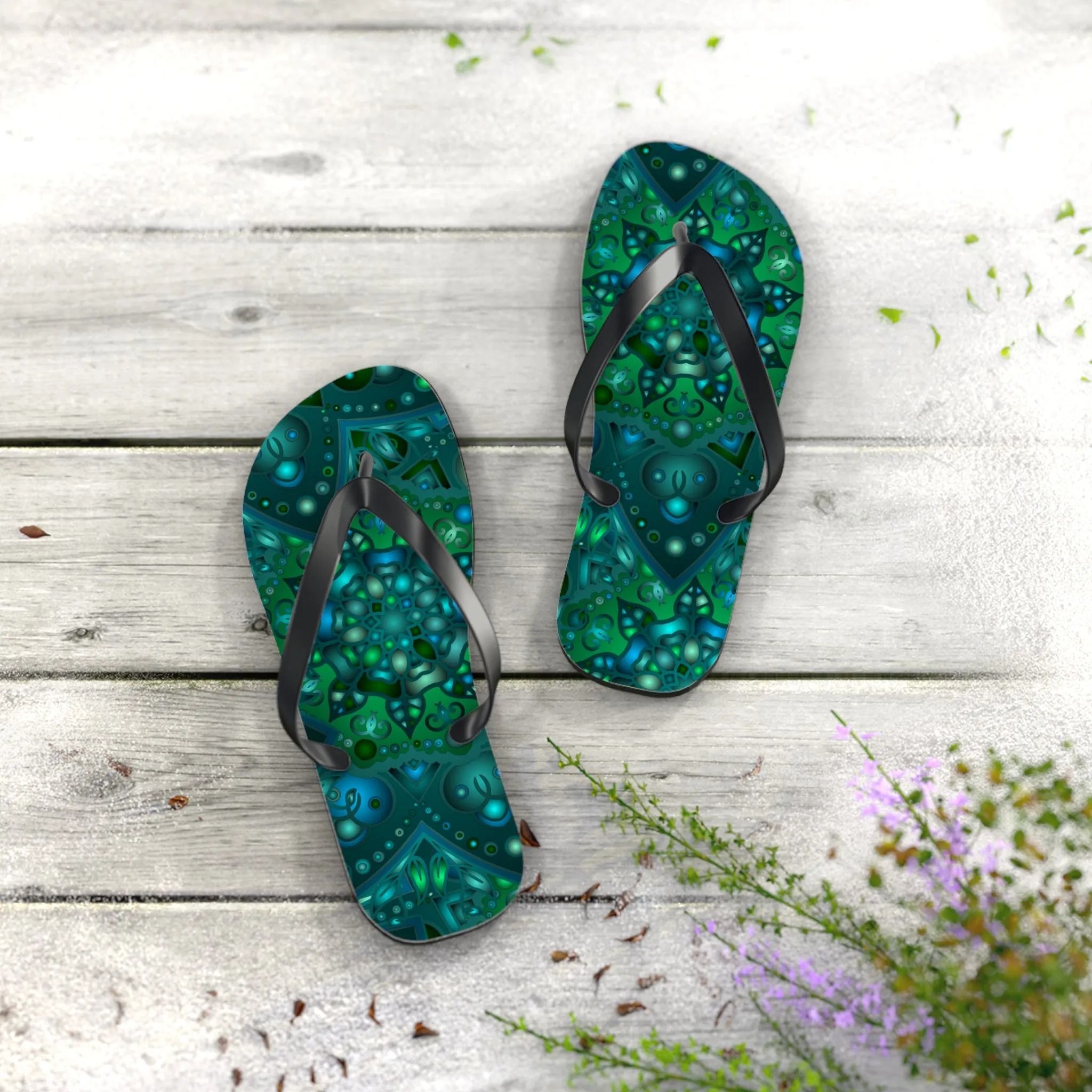 Hypnotic Blue & Green Mandala Flip Flops