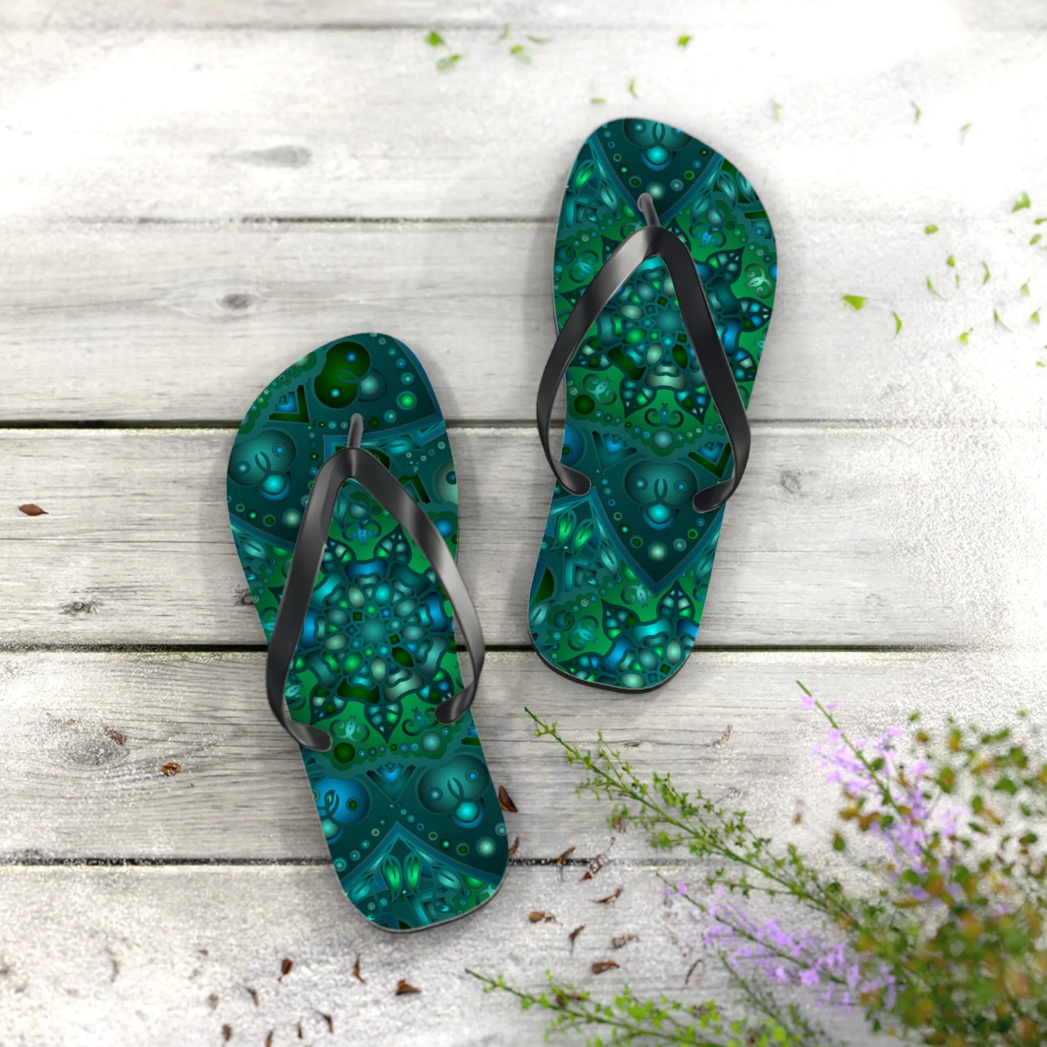 Hypnotic Blue & Green Mandala Flip Flops