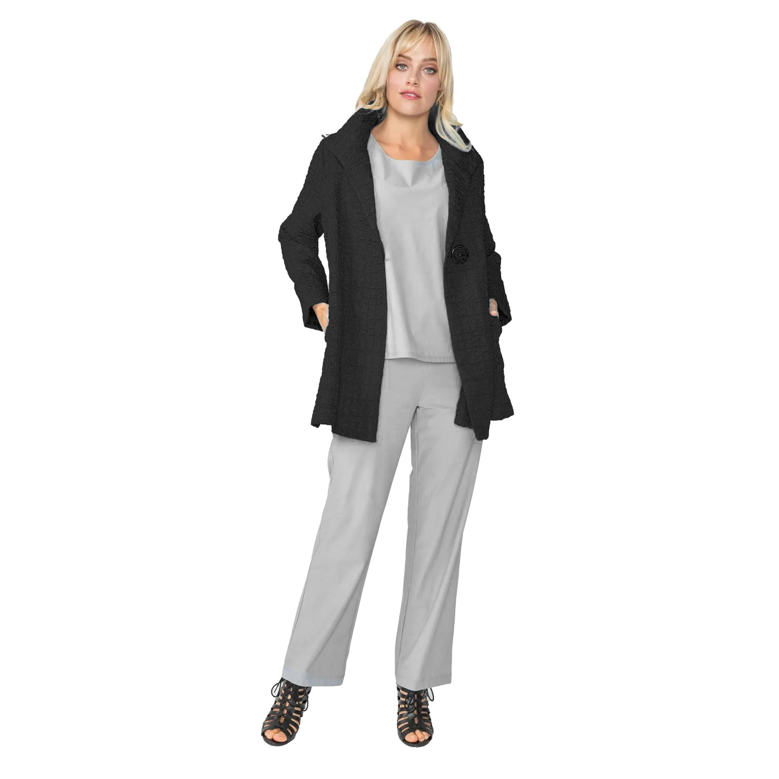 IC Collection Jacquard One-Button Jacket in Black - 6290J-BK