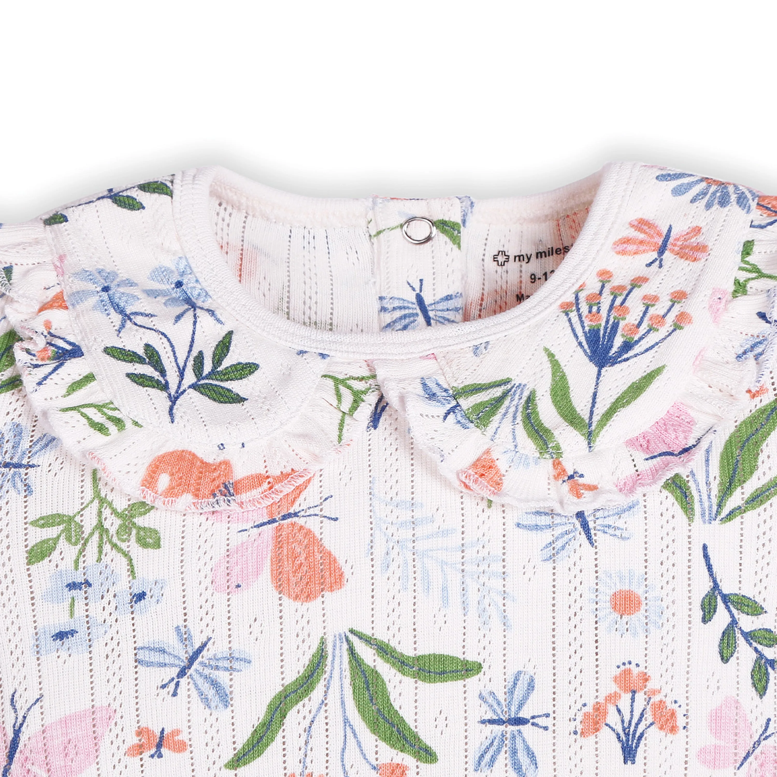 My Milestones Ruffle Peter Pan Collar Pointelle Onesie Enchanted Flora Print-Off White