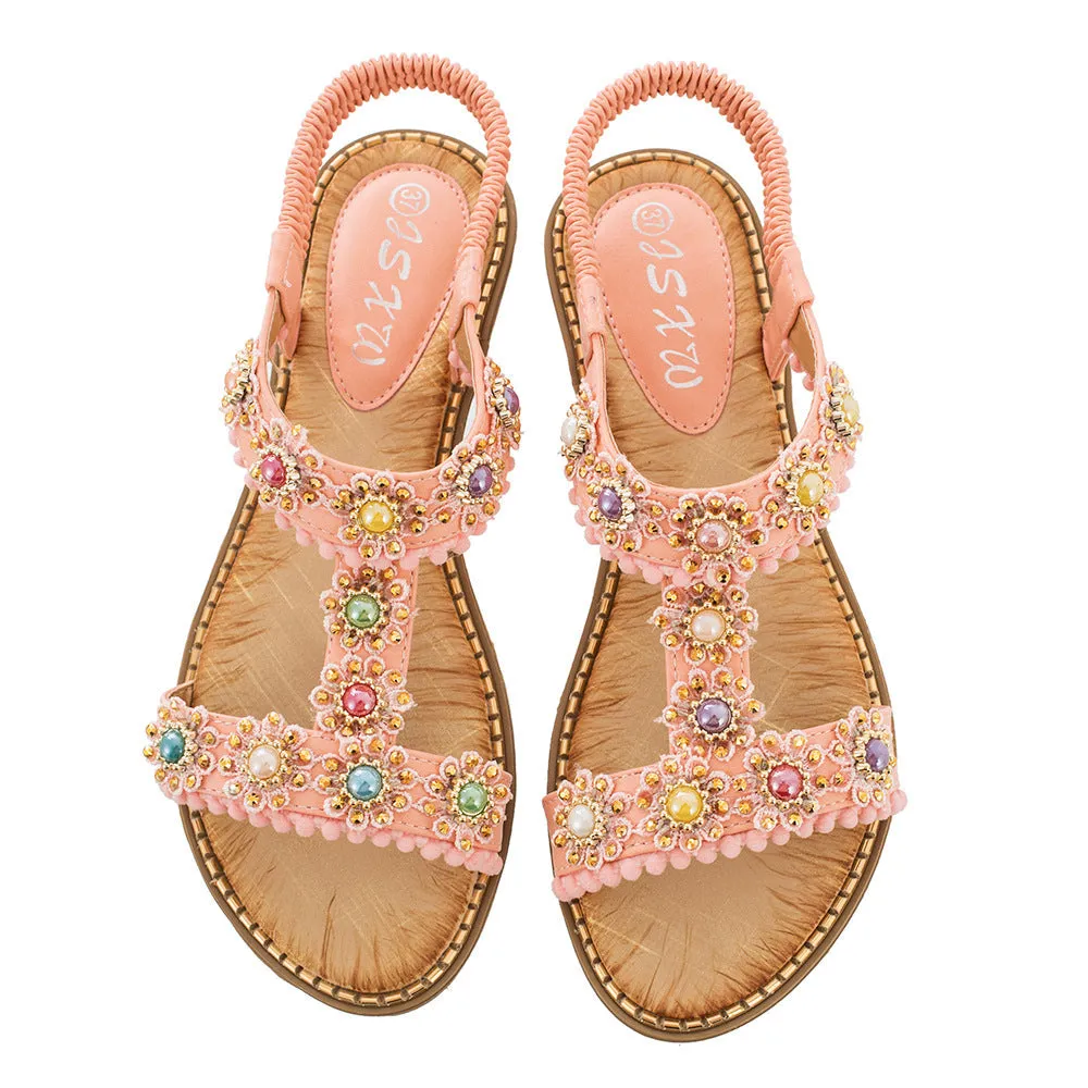 Nanccy Bohemian Colored Pearls Comfortable Flat Sandals