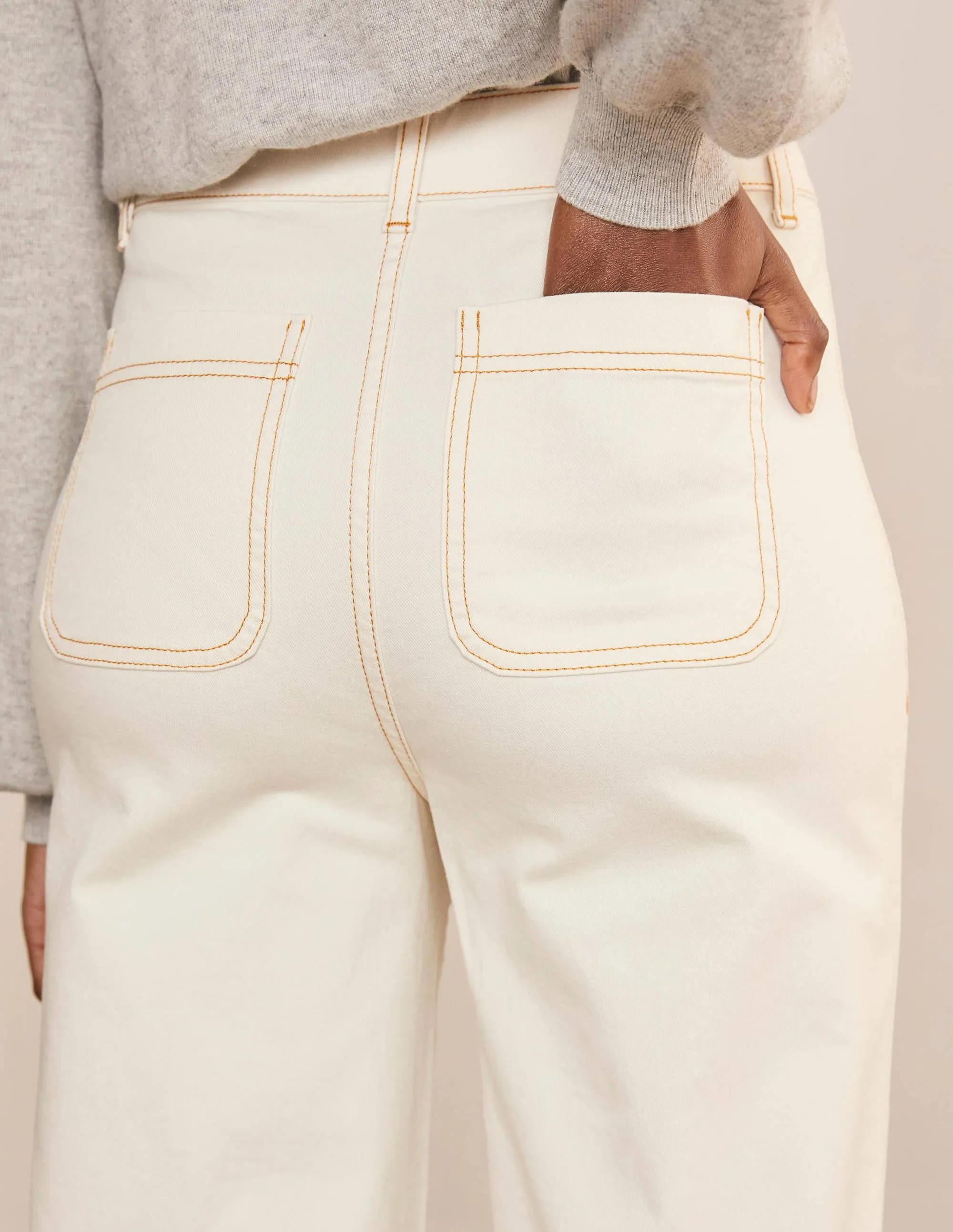 Patch Pocket Wide Leg Jeans-Ivory