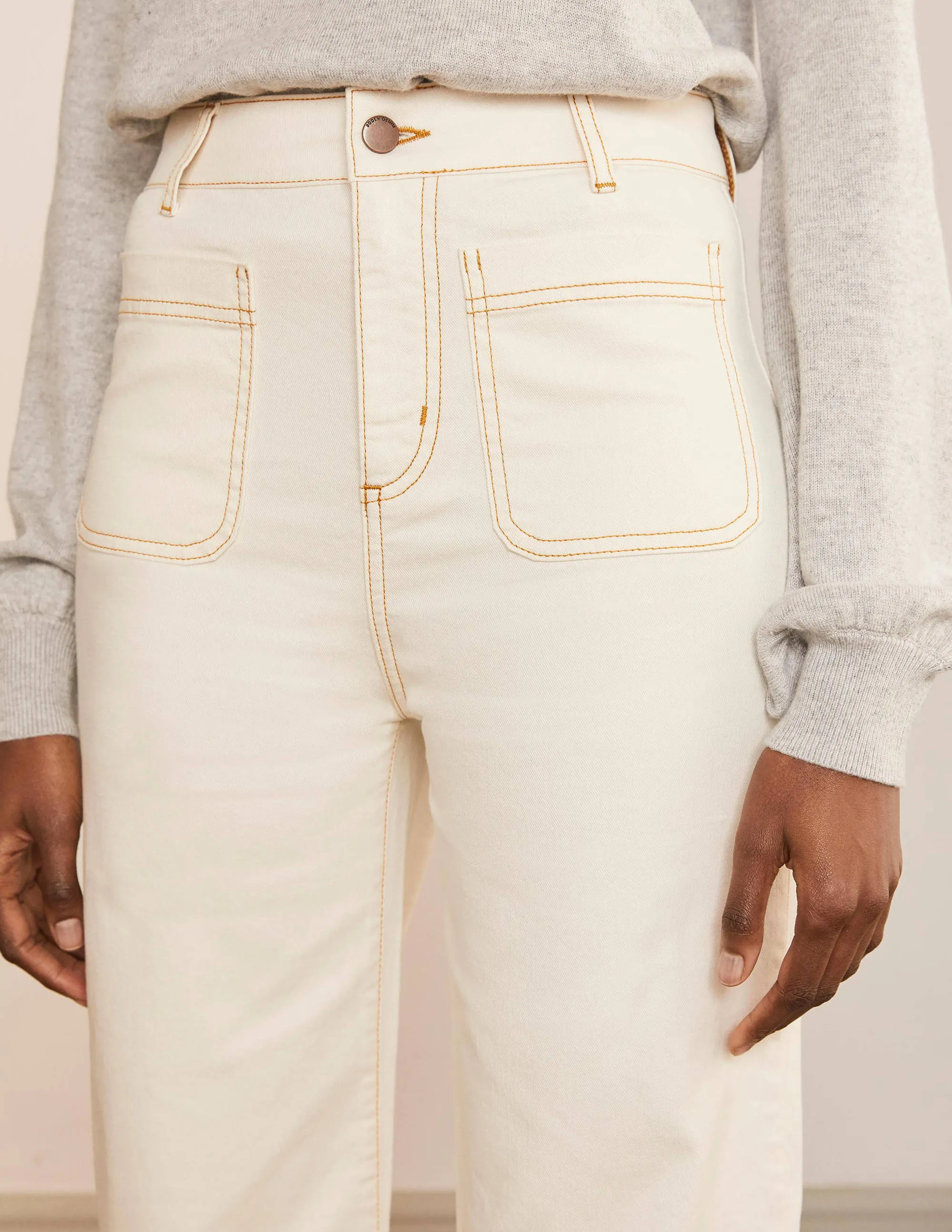 Patch Pocket Wide Leg Jeans-Ivory