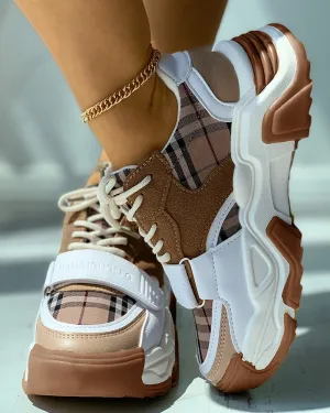 Plaid Print Velcro Lace up Muffin Sneaker