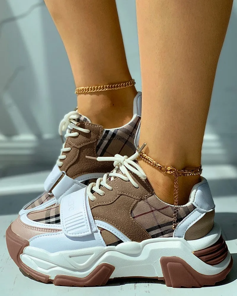 Plaid Print Velcro Lace up Muffin Sneaker