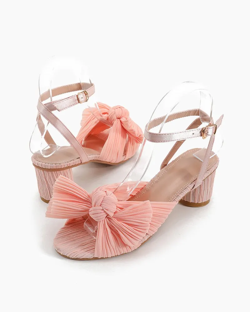 Pleated Bow Open Toe Chunky Block Slingback Heel Sandals