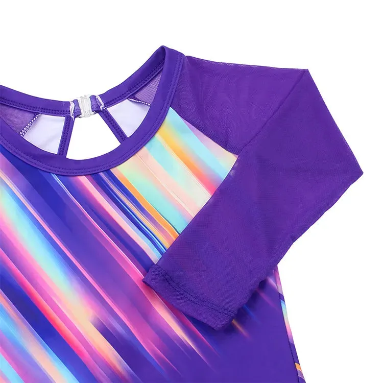 Purple Streaked Gradient 3/4 Mesh Sleeve Gymnastics Leotard Set for Girls