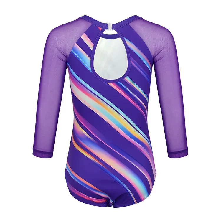 Purple Streaked Gradient 3/4 Mesh Sleeve Gymnastics Leotard Set for Girls
