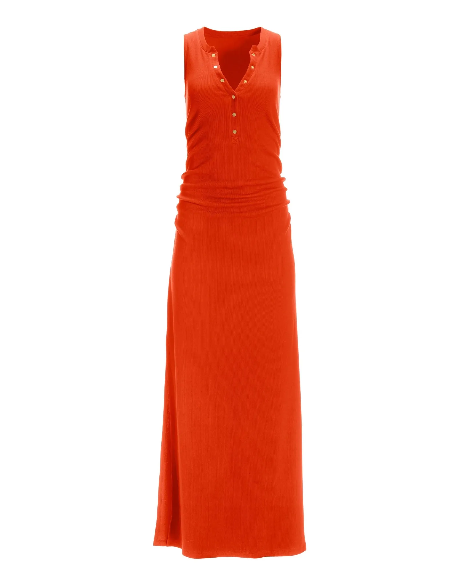 Ribbed Knit Henley Ruched Maxi Dress Spicy Orange