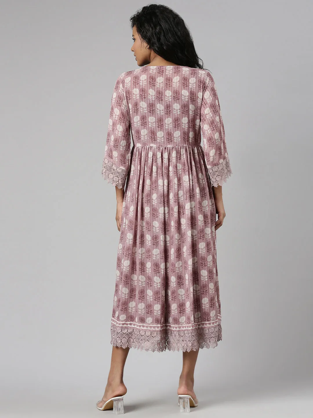 Women Copper Floral Printed Shoulder Straps Fit and Flare Dress