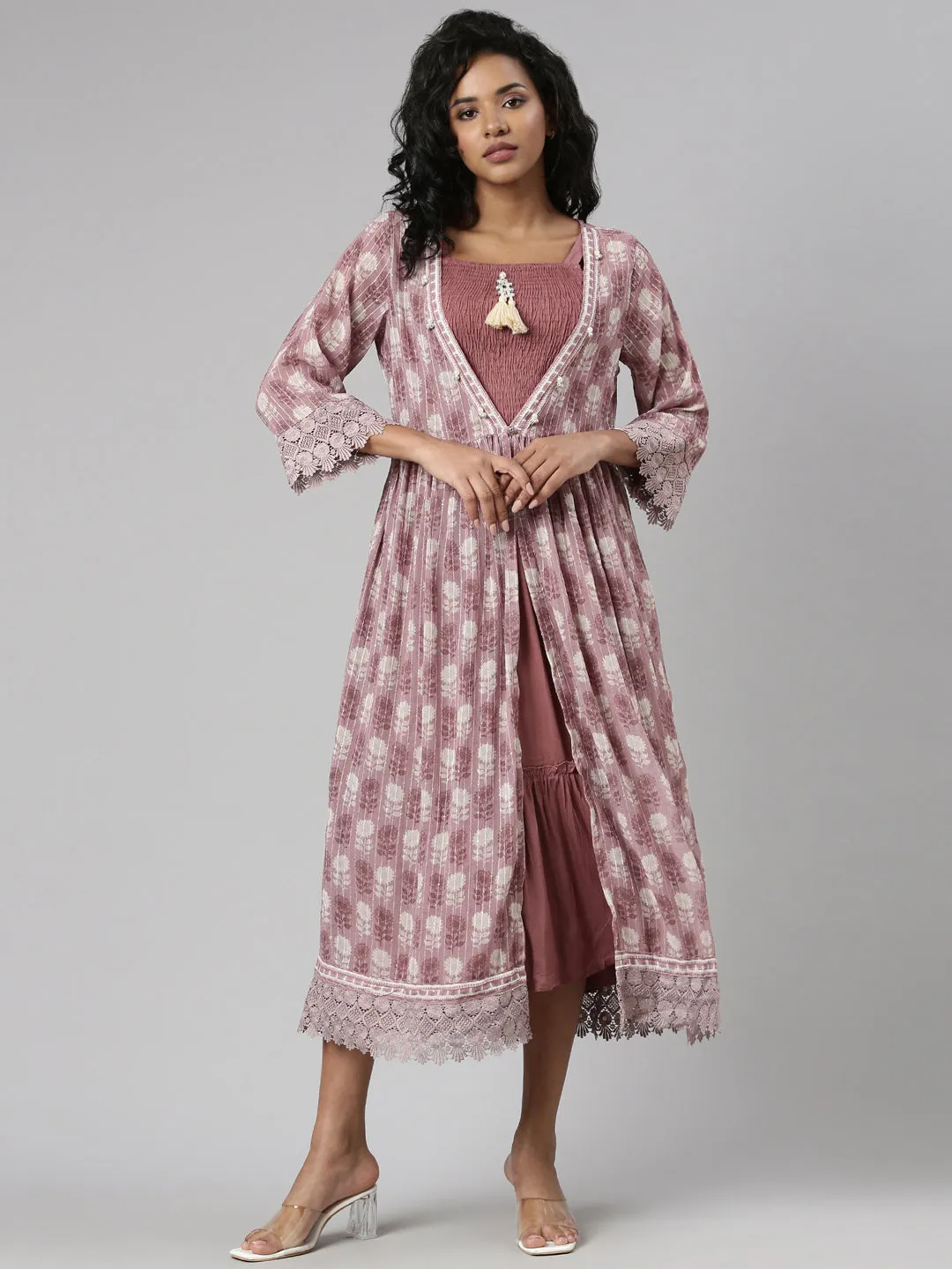 Women Copper Floral Printed Shoulder Straps Fit and Flare Dress